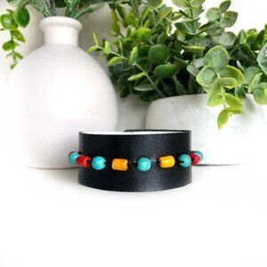 MishaGirl Black Leather Bracelet: Turquoise & Turkish Glass Beads